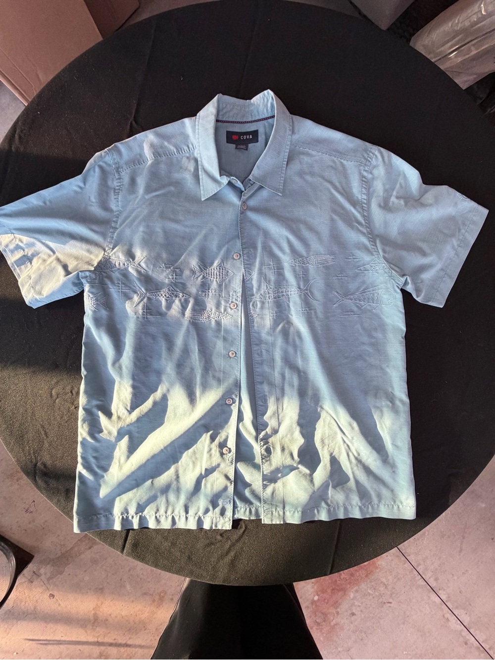 COVA Men’s L Blue Embroidered Fish Marlin Short Sleeve Button Up Fishing Shirt